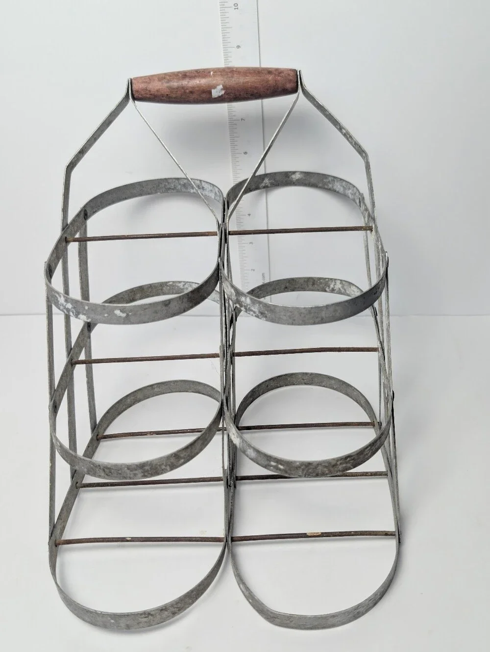 Vintage Authentic French Metal Bottle Carrier Galvanized Metal w Wooden‎ Handle
